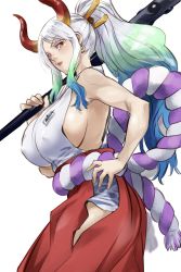 Rule 34 | 1girl, blue hair, breasts, club, club (weapon), commentary request, curled horns, earrings, eyelashes, from side, gradient hair, green hair, hair ornament, hair stick, hand on own hip, highres, hip vent, holding, holding weapon, horns, japanese clothes, jewelry, kanabou, kimono, large breasts, long hair, looking at viewer, multicolored hair, one piece, orange eyes, ponytail, serious, sideboob, simple background, sketch, solo, standing, sukeno yoshiaki, weapon, white background, white hair, yamato (one piece)