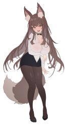 Rule 34 | 1girl, absurdres, animal ear fluff, animal ears, arm support, black choker, black footwear, black skirt, blush, breasts, brown eyes, brown hair, brown pantyhose, buttons, choker, collarbone, collared shirt, eyelashes, fang, fox ears, fox girl, fox tail, full body, hair between eyes, hand up, heart, high heels, highres, large breasts, long hair, long sleeves, looking at viewer, miniskirt, open mouth, original, pantyhose, shirt, shoes, sidelocks, simple background, skirt, smile, solo, standing, sweat, sweatdrop, tail, tongue, tongue out, white background, white shirt, wing collar, zerocat