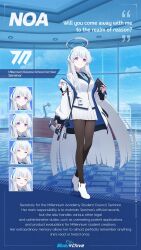 Rule 34 | 1girl, absurdres, blue archive, blue necktie, boots, doremi, formal, full body, grey hair, gun, halo, handgun, headphones, high heel boots, high heels, highres, id card, jacket, long hair, long sleeves, looking at viewer, mechanical halo, necktie, noa (blue archive), official art, pantyhose, purple eyes, shirt, sidelocks, skirt, smile, solo, staccato 2011, standing, suit, two-sided fabric, two-sided jacket, uniform, very long hair, weapon, white jacket, white shirt, white skirt, white suit