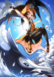 Rule 34 | 1girl, :d, anchor, arc system works, armpits, arms up, bad id, bad pixiv id, brown hair, cloud, day, dolphin, fingerless gloves, gloves, guilty gear, hat, jolly roger, may (guilty gear), open mouth, orange eyes, orange hat, pantyhose, pirate, pirate hat, sky, smile, solo, sun, unowen, water