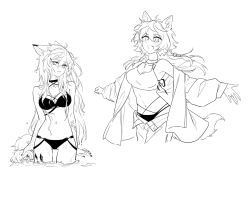 Rule 34 | 2girls, :d, animal ears, arknights, bare arms, bare shoulders, bikini, braid, breasts, character request, check character, choker, cleavage, fang, greyscale, hair ornament, hairclip, highres, jacket, kaleka, lappland (arknights), long hair, long sleeves, material growth, medium breasts, monochrome, multiple girls, nail polish, navel, off shoulder, open clothes, open jacket, open mouth, oripathy lesion (arknights), simple background, smile, standing, stomach, swimsuit, tail, thighs, twin braids, very long hair, wading, white background, wolf ears, wolf tail
