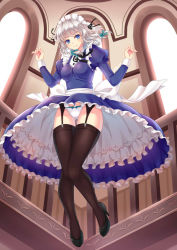 Rule 34 | 1girl, aqua bow, black footwear, black ribbon, blue dress, bow, braid, breasts, buttons, closed mouth, dress, floating, frilled dress, frills, from below, garter straps, grey hair, hair bow, hair ribbon, head tilt, high heels, indoors, izayoi sakuya, juliet sleeves, large breasts, long hair, long sleeves, looking at viewer, looking down, maid, maid headdress, panties, puffy dress, puffy sleeves, railing, resolution mismatch, ribbon, sash, shoes, smile, solo, source larger, thighhighs, touhou, twin braids, underwear, upskirt, villyane, white panties, window