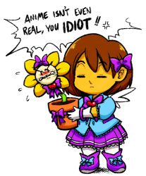 Rule 34 | alternate costume, androgynous, anger vein, annoyed, bad id, bad tumblr id, blush, brown hair, costume, devicho, english text, closed eyes, flower, flowey (undertale), frilled shirt, frilled skirt, frills, frisk (undertale), gender request, gloves, heart, holding, pantyhose, plant, potted plant, ribbon, shirt, skirt, spoken anger vein, undertale, white background, wings