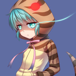 Rule 34 | 10s, 1girl, blue background, frown, glowing, glowing eye, green eyes, green hair, hands in pockets, highres, hood, hoodie, kemono friends, light trail, long sleeves, looking at viewer, pink ribbon, ribbon, shaded face, simple background, sion (sion9117ys), snake tail, solo, striped clothes, striped hoodie, tail, tsuchinoko (kemono friends), upper body