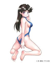 Rule 34 | 1girl, ass, bare legs, barefoot, black hair, breasts, butt crack, feet, from behind, full body, futari ecchi, katsu aki, kneeling, long hair, looking at viewer, looking back, medium breasts, one-piece swimsuit, onoda yura, purple eyes, simple background, smile, solo, swimsuit, toes, white background