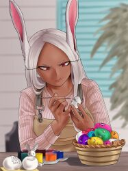 Rule 34 | 1girl, :q, absurdres, animal ears, apron, artist name, boku no hero academia, brown apron, crescent print, dafy, dark-skinned female, dark skin, desk, easter, easter egg, egg, fingernails, highres, holding, holding egg, holding paintbrush, long eyelashes, long hair, looking at object, mirko, paint, paintbrush, painting (action), palette (object), parted bangs, rabbit, rabbit ears, rabbit girl, red eyes, ribbed sweater, solo, sweater, tongue, tongue out, upper body, white hair