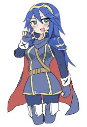 Rule 34 | 1girl, between breasts, blue eyes, blue hair, breasts, cape, fingerless gloves, fire emblem, fire emblem awakening, gloves, highres, lucina (fire emblem), medium breasts, nintendo, star (symbol), strap between breasts, symbol-shaped pupils, v, white-stew