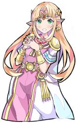 Rule 34 | 1girl, alternate eye color, bead necklace, beads, blonde hair, blush, bracer, cape, dress, earrings, enpe, gem, gold, green eyes, hair intakes, hands up, highres, interlocked fingers, jewelry, long hair, necklace, nintendo, pointy ears, princess, princess zelda, short sleeves, shoulder pads, simple background, solo, straight hair, the legend of zelda, the legend of zelda: a link between worlds, tiara, triforce, white background, white cape