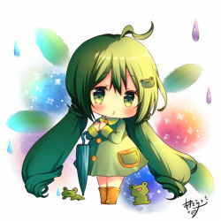 Rule 34 | 1girl, ahoge, animal, azu torako, blue umbrella, blush, boots, brown footwear, chibi, closed umbrella, dress, frog, frog hair ornament, full body, green dress, green eyes, green hair, hair ornament, hands up, leaf, long hair, long sleeves, looking at viewer, original, parted lips, rubber boots, signature, solo, standing, twintails, umbrella, very long hair, water drop
