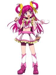 Rule 34 | 1girl, :d, absurdres, bike shorts, blush, coco (yes! precure 5), collarbone, colored eyelashes, crop top, cure dream, detached sleeves, earrings, ebura din, frilled skirt, frills, full body, highres, jewelry, kneehighs, long hair, midriff, miniskirt, navel, open mouth, pink footwear, precure, purple eyes, purple shorts, red hair, short shorts, shorts, shorts under skirt, simple background, skirt, smile, socks, solo, standing, stomach, swept bangs, very long hair, white background, white skirt, white sleeves, white socks, yes! precure 5