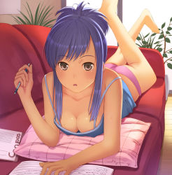 Rule 34 | 1girl, :o, bare arms, barefoot, blue hair, book, breasts, brown eyes, camisole, cleavage, collarbone, couch, covered erect nipples, downblouse, face, foreshortening, full body, indoors, legs, legs up, looking at viewer, lying, medium breasts, on stomach, original, panties, parted lips, pen, pillow, red upholstery, sleeveless, solo, strap slip, sweat, underwear, writing, yamamoto shima