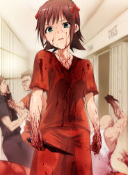 Rule 34 | 1girl, amami haruka, blood, blood on clothes, blood on face, brown hair, green eyes, highres, idolmaster, idolmaster (classic), kaiga, knife, looking at viewer, prison, prison clothes, ribbon, short hair, solo focus, violence, weapon
