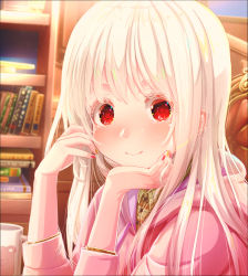 Rule 34 | 1girl, aiuabo, albino, blush, book, bookshelf, collared shirt, commentary request, cup, head rest, hood, hood down, hoodie, indoors, long hair, long sleeves, looking at viewer, mug, multicolored nails, nail polish, original, pink hoodie, portrait, red eyes, red nails, shirt, smile, solo, white hair, yellow nails, yellow shirt
