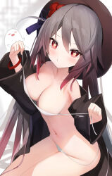 Rule 34 | 1girl, blush, boo tao (genshin impact), breasts, brown hair, cisyo, flower-shaped pupils, genshin impact, gradient hair, highres, hu tao (genshin impact), long hair, long sleeves, looking at viewer, medium breasts, multicolored hair, red eyes, sidelocks, simple background, solo, symbol-shaped pupils, thighs, twintails