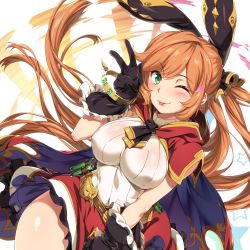 Rule 34 | 10s, 1girl, ;p, belt, black gloves, bracelet, breasts, cape, clarisse (granblue fantasy), gloves, granblue fantasy, green eyes, hairband, heart, highres, hip focus, jewelry, large breasts, liquid, looking at viewer, md5 mismatch, one eye closed, orange hair, resolution mismatch, short sleeves, solo, source smaller, takunari, tongue, tongue out, v
