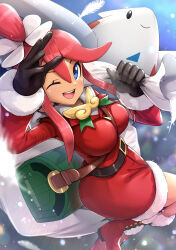 Rule 34 | 1girl, bag, black gloves, blue eyes, blush, boots, breasts, christmas, creatures (company), dress, feathers, game freak, gen 4 pokemon, gift bag, gloves, gonzarez, hair ornament, hat, highres, holding, holding bag, large breasts, long hair, looking at viewer, nintendo, official alternate costume, one eye closed, one side up, open mouth, pokemon, pokemon (creature), pokemon masters ex, red hair, santa boots, santa costume, santa gloves, santa hat, short dress, short hair with long locks, sidelocks, skyla (holiday 2020) (pokemon), skyla (pokemon), smile, togekiss