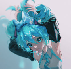 Rule 34 | 1girl, adapted costume, aqua eyes, aqua hair, aqua necktie, armpits, arms up, blue bow, blue eyes, blue hair, blue necktie, blurry, bow, breasts, cameo, character print, cinnamiku, cinnamoroll, collared shirt, creature on head, crossover, depth of field, detached sleeves, ear bow, eyelashes, grey shirt, hair between eyes, hair bow, hair tie in mouth, hands in hair, hatsune miku, highres, lidali, mouth hold, necktie, sanrio, shirt, tied ears, tying hair, updo, upper body, vocaloid, white background