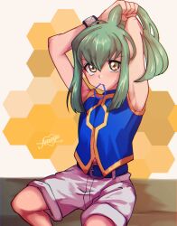 Rule 34 | 1boy, absurdres, androgynous, artist request, comb, green hair, highres, legs apart, light blush, long hair, lua (yu-gi-oh!), ponytail, shorts, simple background, sitting, solo, sweat, trap, yellow eyes, yu-gi-oh!, yu-gi-oh! 5d&#039;s