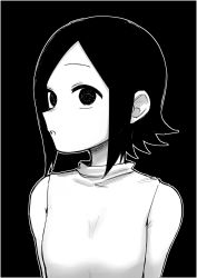 Rule 34 | 1girl, bare shoulders, black background, border, greyscale, hatching (texture), highres, monochrome, open mouth, original, outline, scribble, shiromanta, short hair, simple background, solo, upper body, white border, white outline