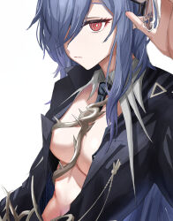 1girl absurdres arknights black_dress blue_hair breasts center_opening closed_mouth dress gladiia_(arknights) gladiia_(i_am_the_tides)_(arknights) highres kei11525 large_breasts long_hair official_alternate_costume open_clothes open_shirt pointy_ears red_eyes simple_background solo thorns upper_body white_background