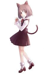 Rule 34 | 1girl, animal ears, blush, brown eyes, brown hair, cat ears, cat girl, cat tail, female focus, full body, mary janes, nyaou, paw pose, shoes, short hair, simple background, solo, tail, white background