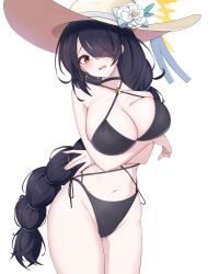 Rule 34 | 1girl, \||/, absurdres, arms under breasts, bikini, black bikini, black choker, black hair, blue archive, blush, breasts, choker, cleavage, collarbone, cowboy shot, cross, cross earrings, crossed arms, earrings, embarrassed, flower, hair over one eye, halo, hasarang, hat, hat flower, highres, hinata (blue archive), hinata (swimsuit) (blue archive), jewelry, large breasts, long hair, multi-tied hair, navel, official alternate costume, open mouth, red eyes, side-tie bikini bottom, small sweatdrop, solo, straw hat, swimsuit, very long hair, wavy mouth, yellow halo