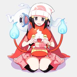 Rule 34 | 10s, 1girl, beanie, black hair, blue lips, boots, cat, creatures (company), dawn (pokemon), closed eyes, game freak, ghost, gum (gmng), hair ornament, hairclip, haramaki, hat, index finger raised, jibanyan, kneeling, multiple tails, nintendo, notched ear, open mouth, pink footwear, pokedex, pokemon, red scarf, scarf, skirt, tail, two tails, whisper (youkai watch), traditional youkai, youkai watch