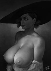 Rule 34 | 1girl, alcina dimitrescu, artist name, breasts, cleavage, collarbone, commentary, earrings, english commentary, glowing, glowing eyes, grey background, greyscale, hat, highres, huge breasts, jewelry, justsomenoob, large areolae, lips, looking at viewer, makeup, mascara, mature female, monochrome, nipples, nose, off shoulder, paid reward available, pale skin, resident evil, resident evil village, sagging breasts, short hair, solo, sun hat, thick eyebrows, topless, upper body, veins, veiny breasts