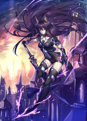 Rule 34 | 1girl, animal ears, armor, asymmetrical gloves, bad id, bad pixiv id, belt, black footwear, black gloves, black shirt, black thighhighs, boobplate, boots, breastplate, breasts, building, cat ears, choker, city, commentary request, floating hair, full body, gloves, highres, holding, holding sword, holding weapon, long hair, looking at viewer, magic, medium breasts, original, outdoors, outstretched arm, purple eyes, purple hair, shirt, short shorts, short sleeves, shorts, shoulder armor, silver trim, sky, solo, sunset, sword, thigh boots, thighhighs, uneven gloves, vambraces, very long hair, vivo101, weapon