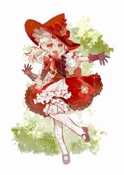 Rule 34 | black footwear, black gloves, blonde hair, bow, bowtie, dress, frilled dress, frills, full body, genshin impact, gloves, hat, hat bow, highres, klee (blossoming starlight) (genshin impact), klee (genshin impact), long hair, mary janes, puffy short sleeves, puffy sleeves, red bow, red bowtie, red dress, red eyes, red hat, rei (az93f1), shoes, short sleeves, twintails, vision (genshin impact), witch hat