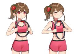 Rule 34 | 1girl, :t, azu (azusayumix), bare arms, bare shoulders, blush, breasts, brown hair, closed eyes, closed mouth, collarbone, commentary request, food-themed hair ornament, hair between eyes, hair ornament, highres, holding, multiple views, navel, nintendo, parted lips, pink shorts, pout, red eyes, ring-con, ring fit adventure, short shorts, shorts, side ponytail, simple background, small breasts, strawberry hair ornament, sweat, v-shaped eyebrows, virtual youtuber, white background