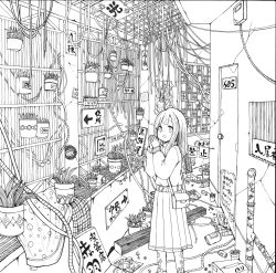 Rule 34 | 1girl, absurdres, arrow (symbol), bag, door, greyscale, handbag, highres, long hair, long sleeves, looking at viewer, monochrome, open mouth, original, plant, pleated skirt, potted plant, scenery, sign, skirt, solo, translation request, usio ueda