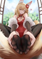 Rule 34 | 1girl, animal ears, blonde hair, breasts, china dress, chinese clothes, cleavage, dress, feet, foot focus, foot pussy, fox ears, fox tail, highres, j.c.14, kitsune, long hair, looking at viewer, original, pantyhose, parted lips, soles, tail, toes, yellow eyes