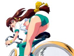 Rule 34 | 1990s (style), 1girl, ass, battle athletes, bicycle, brown hair, kanzaki akari, long hair, low-tied long hair, open mouth, retro artstyle, simple background, solo, white background, wrist cuffs
