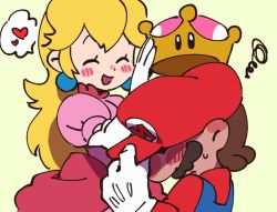 Rule 34 | 1boy, 1girl, blush, dress, earrings, elbow gloves, embarrassed, gloves, hat, hat tip, heart, height difference, hetero, jewelry, mario, mario (series), new super mario bros. u deluxe, nintendo, overalls, princess peach, puffy short sleeves, puffy sleeves, red hat, removing headwear, short sleeves, spoken heart, super crown, ukata, white gloves