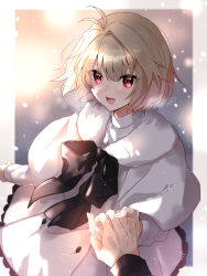Rule 34 | 1girl, 1other, absurdres, alternate costume, antenna hair, arcueid brunestud, black bow, blonde hair, blush, border, bow, bowtie, buttons, capelet, dress, fur-trimmed capelet, fur trim, hair between eyes, highres, holding, holding hands, holding weapon, long sleeves, looking at viewer, official alternate costume, open mouth, out of frame, outside border, red eyes, short hair, single hair intake, smile, tongue, tsukihime, tsukihime (remake), turtleneck, wasa (wanosabi), weapon, white border, white capelet, white dress