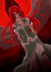 Rule 34 | 1girl, blood, blood on face, china dress, chinese clothes, clock, clock tower, collarbone, dress, full moon, glowing, glowing eye, highres, hong meiling, injury, long hair, looking at viewer, moon, niwatazumi, pants, red eyes, red hair, red moon, scarlet devil mansion, sketch, touhou, tower, vest, wince