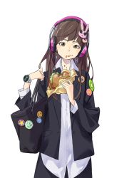 Rule 34 | 1girl, alternate costume, bag, black shirt, brown eyes, brown hair, rabbit hair ornament, buttons, clock, commentary request, d.va (overwatch), digital clock, earrings, food, food on face, hair ornament, handbag, headphones, highres, holding, holding food, jewelry, long hair, long sleeves, looking at viewer, overwatch, overwatch 1, popman3580, sandwich, shirt, siblings, solo, stain, watch, white background, wristwatch