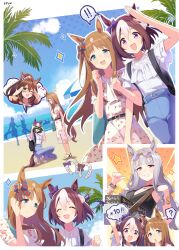 Rule 34 | !, !!, 4girls, absurdres, alternate costume, animal ears, beach, belt, blue eyes, breasts, brown hair, casual, clenched hands, closed eyes, commentary request, el condor pasa (umamusume), gold ship (run revolt launcher) (umamusume), gold ship (umamusume), grass wonder (umamusume), grey hair, highres, horse ears, horse girl, horse tail, long hair, medium breasts, medium hair, multiple girls, ocean, one eye closed, open mouth, palm tree, pants, ryuu (ryuraconis), sky, special week (umamusume), swimsuit, tail, tree, umamusume