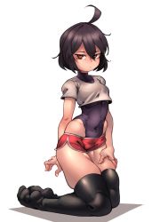 Rule 34 | 1girl, absurdres, ahoge, alternate color, alternate costume, black leotard, black thighhighs, breasts, brown hair, commission, covered navel, crop top, hair between eyes, hand on own thigh, heattech leotard, highleg, highleg leotard, highres, huge ahoge, kelvin hiu, kneeling, legs together, leotard, leotard under clothes, linne, long legs, looking at viewer, no shoes, player 2, red eyes, red shorts, short shorts, shorts, small breasts, solo, thick thighs, thighhighs, thighs, turtleneck, under night in-birth
