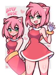 Rule 34 | 1girl, amy rose, animal ears, artist name, bare shoulders, blush, border, breasts, character name, cowboy shot, cropped torso, dress, english text, female focus, gloves, green eyes, grey background, hairband, hammer, hand up, happy, heart, heart background, highres, holding, holding hammer, huge weapon, humanization, looking at viewer, medium breasts, medium hair, multiple views, nose blush, open mouth, outline, outside border, toy hammer, pink hair, pink outline, red dress, red hairband, shiny skin, short dress, short hair, sidelocks, sleeveless, sleeveless dress, smile, sonic (series), standing, thighs, touyarokii, twitter username, upper body, watermark, weapon, white border, white gloves