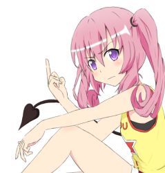 Rule 34 | 1girl, angry, blush, female focus, middle finger, nana asta deviluke, pink hair, purple eyes, ropcandy, serious, sitting, solo, tail, to love-ru, twintails, white background