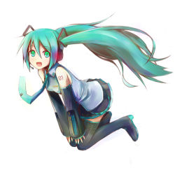 Rule 34 | bad id, bad pixiv id, black thighhighs, blue hair, detached sleeves, green eyes, hatsune miku, laughing, long hair, miniskirt, necktie, nnyu, pleated skirt, simple background, skirt, solo, thighhighs, twintails, very long hair, vocaloid, zettai ryouiki