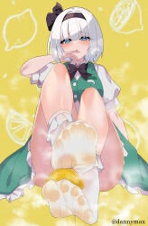 1girl absurdres bare_legs black_hairband blue_eyes d.m._mo feet food foot_drink foot_focus foreshortening fruit full_body green_skirt green_vest grey_hair hairband highres konpaku_youmu legs lemon looking_at_viewer no_shoes presenting_foot short_hair skirt sock_tea socks soles toes touhou vest wet wet_socks white_hair