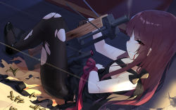 Rule 34 | 1girl, bad id, bad pixiv id, bare shoulders, between legs, black dress, black footwear, black gloves, black pantyhose, blood, blood from mouth, breasts, bullpup, clenched teeth, commentary, cuts, dress, girls&#039; frontline, gloves, gun, half-closed eye, half gloves, high heels, highres, injury, long hair, looking at viewer, looking to the side, name connection, noria, object namesake, official alternate costume, panties, panties under pantyhose, pantyhose, profile, red eyes, red hair, red ribbon, ribbon, rifle, scope, shell casing, shoes, sitting, sleeveless, sleeveless dress, small breasts, sniper rifle, solo, teeth, thighband pantyhose, tile floor, tiles, torn clothes, torn pantyhose, underwear, very long hair, wa2000 (ballroom interlude) (girls&#039; frontline), wa2000 (girls&#039; frontline), walther, walther wa 2000, weapon