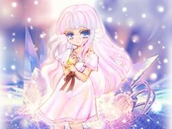 Rule 34 | 1girl, black ribbon, blue eyes, commentary request, dress, ender lilies quietus of the knights, feet out of frame, hair ornament, jewelry, lily (ender lilies), long hair, looking at viewer, miya (chijou no seiza), necklace, pendant, ribbon, short sleeves, solo, white dress, white hair