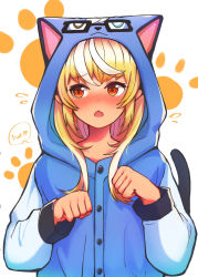 Rule 34 | 1girl, alternate hairstyle, animal crossing, animal hood, blonde hair, blue sweater, blush, cat hood, cat tail, commentary, dark-skinned female, dark skin, embarrassed, fang, highres, hololive, hood, hoodie, long hair, long sleeves, looking away, looking to the side, multicolored hair, nintendo, open mouth, paw pose, paw print, paw print background, raymond (animal crossing), red eyes, sasaki (glass1138), shiranui flare, sidelocks, solo, streaked hair, sweatdrop, sweater, tail, two-tone hair, upper body, virtual youtuber, white hair