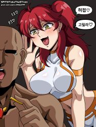 Rule 34 | 1boy, 1girl, blush, earrings, fang, freckles, gundam, gundam 00, highres, jewelry, long hair, midriff, nena trinity, open mouth, red hair, shiny skin, speech bubble, tagme, tongue, translation request, two side up, yellow eyes