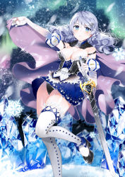 Rule 34 | 1girl, aurora, bad id, bad pixiv id, black footwear, blue eyes, blue skirt, breasts, cape, cleavage, crystal, elbow gloves, gloves, grey hair, hair ornament, holding, holding sword, holding weapon, ice crystal, k2h, long hair, looking at viewer, night, night sky, original, purple cape, shoes, skirt, sky, snowflakes, standing, standing on one leg, sword, thighhighs, weapon, white gloves, white thighhighs