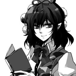 Rule 34 | 1girl, bad id, bad pixiv id, female focus, greyscale, hat, light smile, looking at viewer, lowres, monochrome, notebook, nr (cerumia), nr (cmnrr), pointy ears, shameimaru aya, smile, solo, touhou